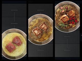 Uno schema mostra la variazione di temperatura su carne e verdure contenute in una padella sfrigolante quando la si sposta lungo PowerSlide.