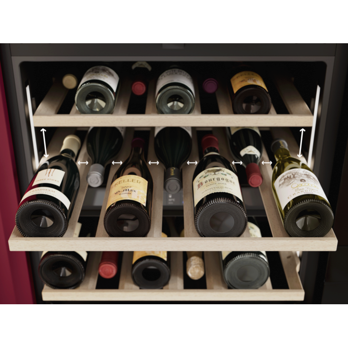 Premium wood shelves, designed for every 750 ml bottle.