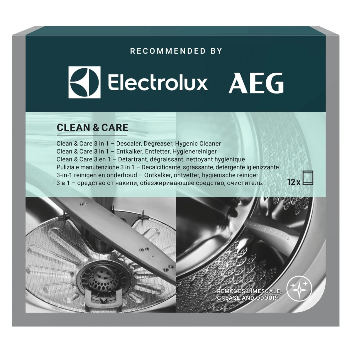 AEG Super Care decalcificante lavatrice e lavastoviglie M2GCP121, 12 bustine, elimina odori e calcare, adatto a tutte le marche