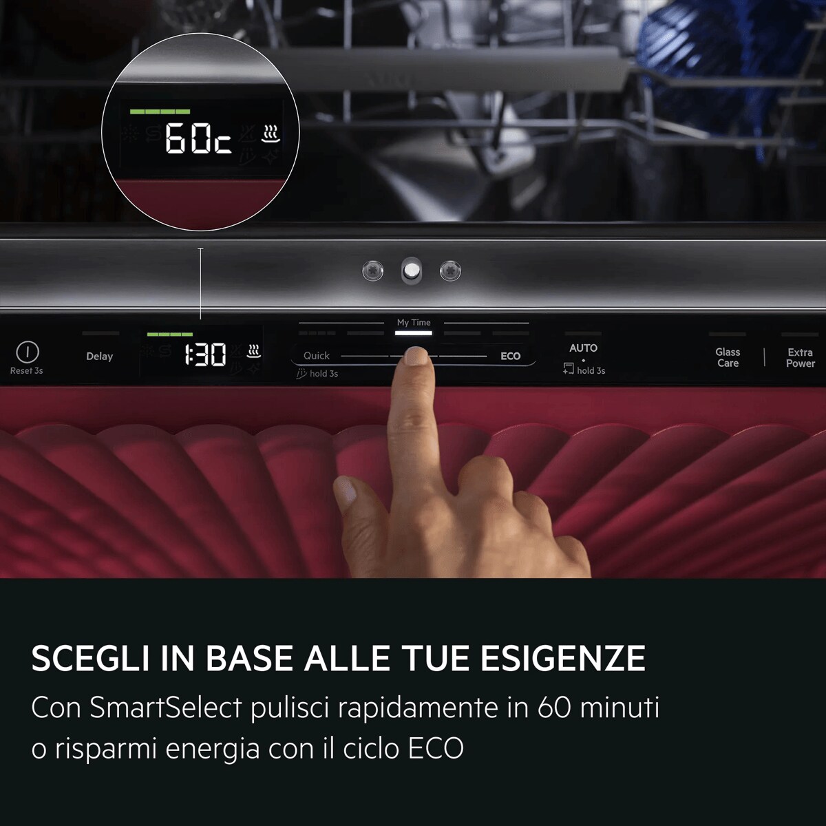 SCEGLI IN BASE ALLE TUE ESIGENZE SmartSelect: pulisci rapidamente in 60 minuti o risparmia energia con il ciclo ECO